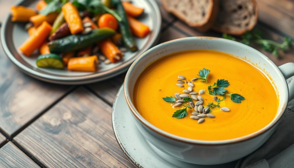 Sopa de calabaza con acompañamientos saludables